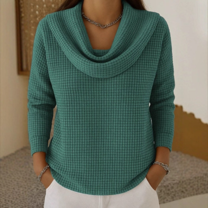 Natalia – Warm Waffle Sweater with Elegant Waterfall Neck