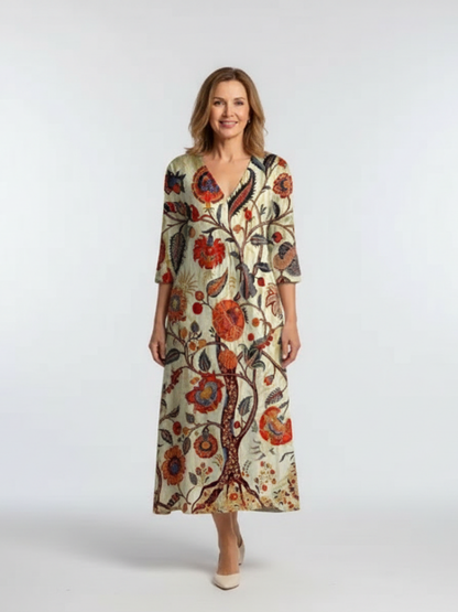 Corisande | V Neck Long Sleeve Floral Midi Dress
