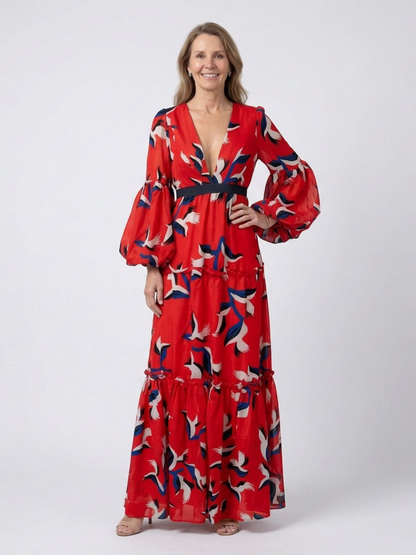 Isolde | V Neck Tie Waist Long Sleeve Maxi Dress