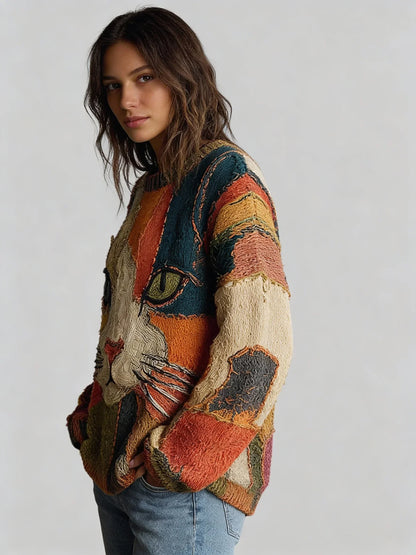 Mica - Artistic Cat Patchwork Sweater