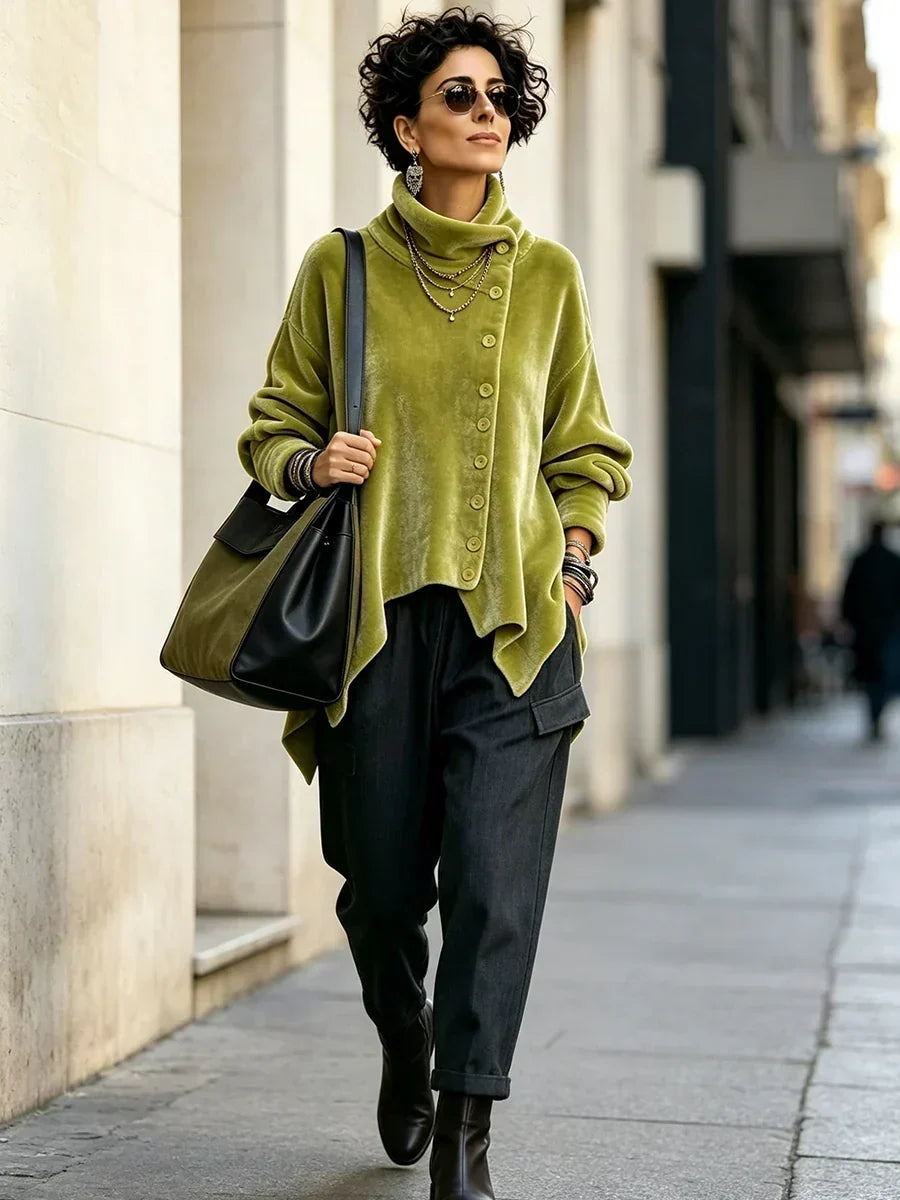 Finley – Velvet Asymmetric Button Top